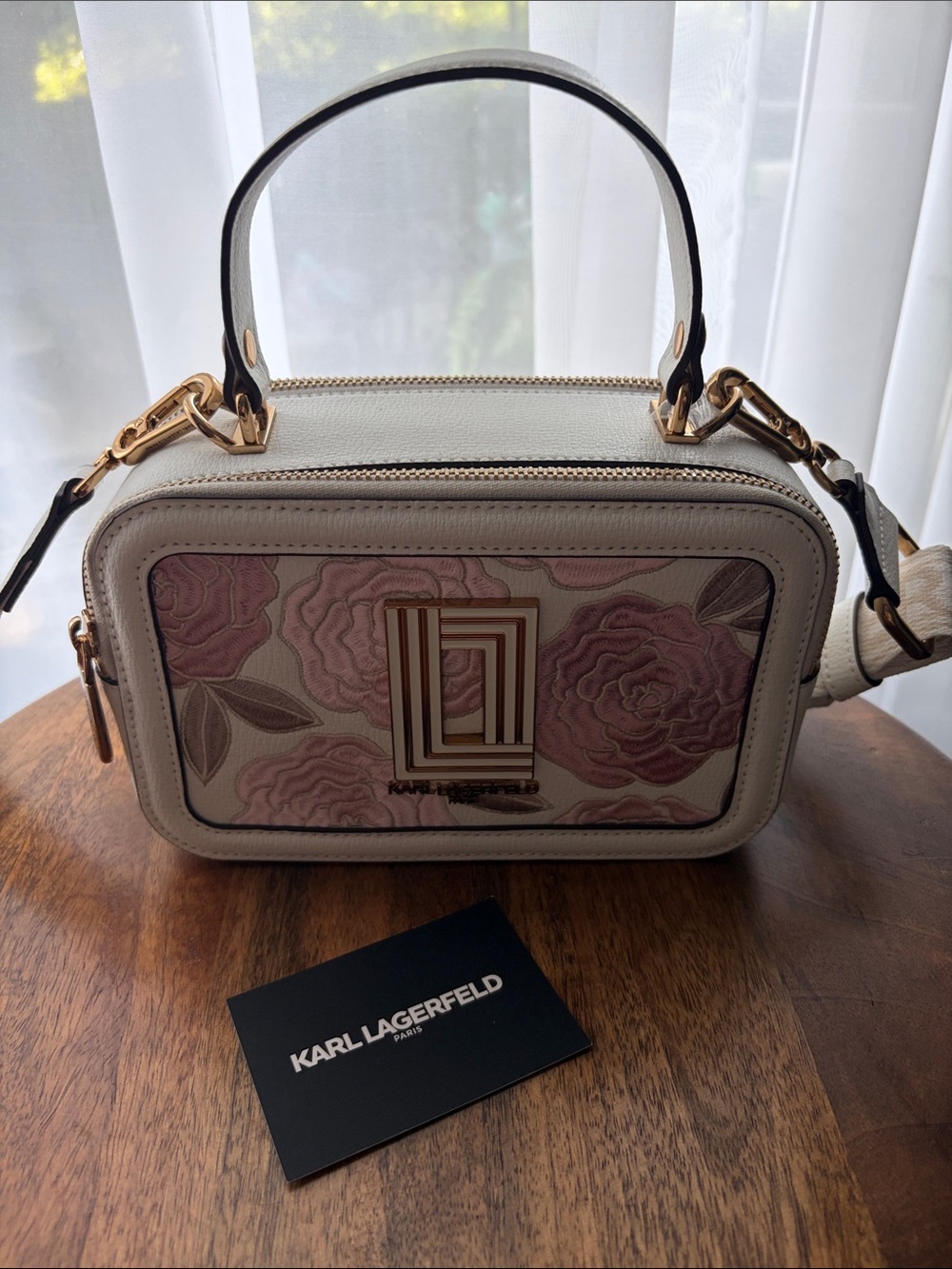 Karl Lagerfeld Cream and Pink Floral Leather Crossbody with Gold Hardware